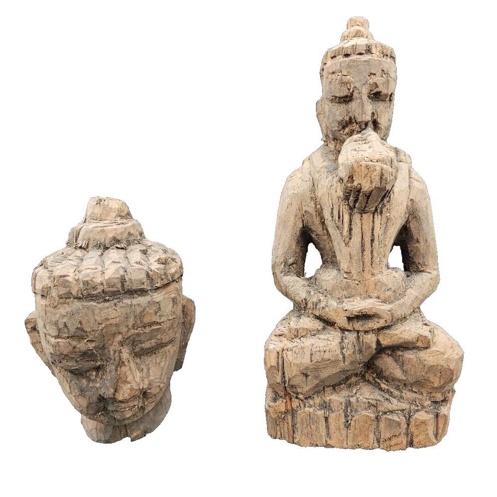 Antique Wooden Buddha Sculptures Handcarved Samantabhadra Bust Nepal 20th‎ Cent